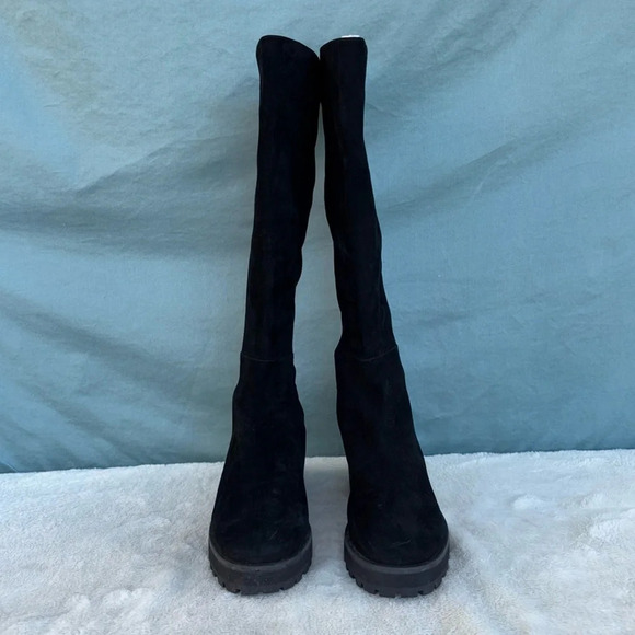 EUC Stuart Weitzman 5050 Lift Knee-Length Boots Stretch Suede Black US 7 Leather - Picture 1 of 8